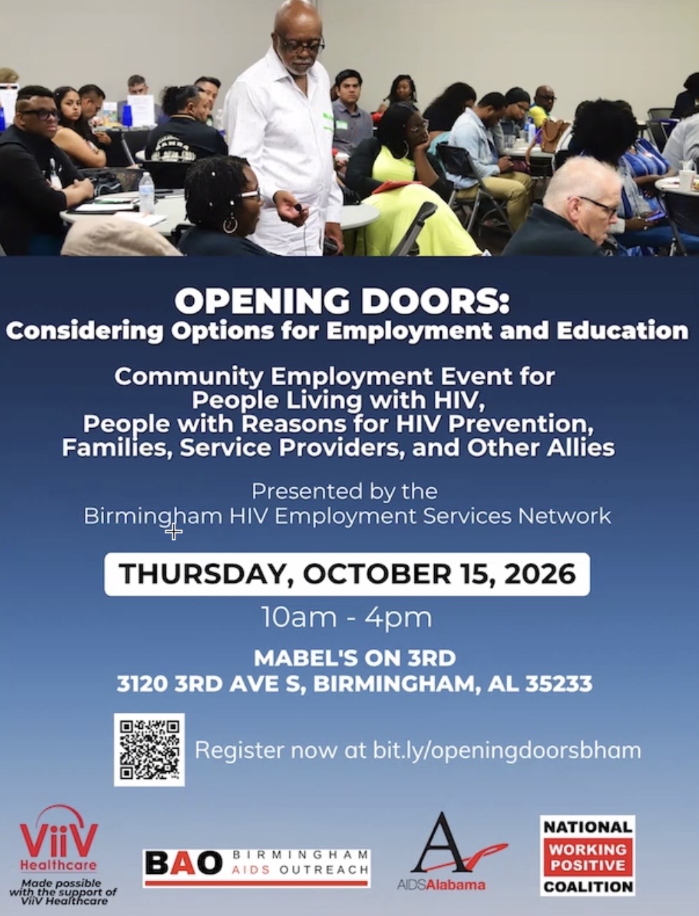 Opening Doors community employment event flyer — October 15, 2026, Birmingham, Alabama