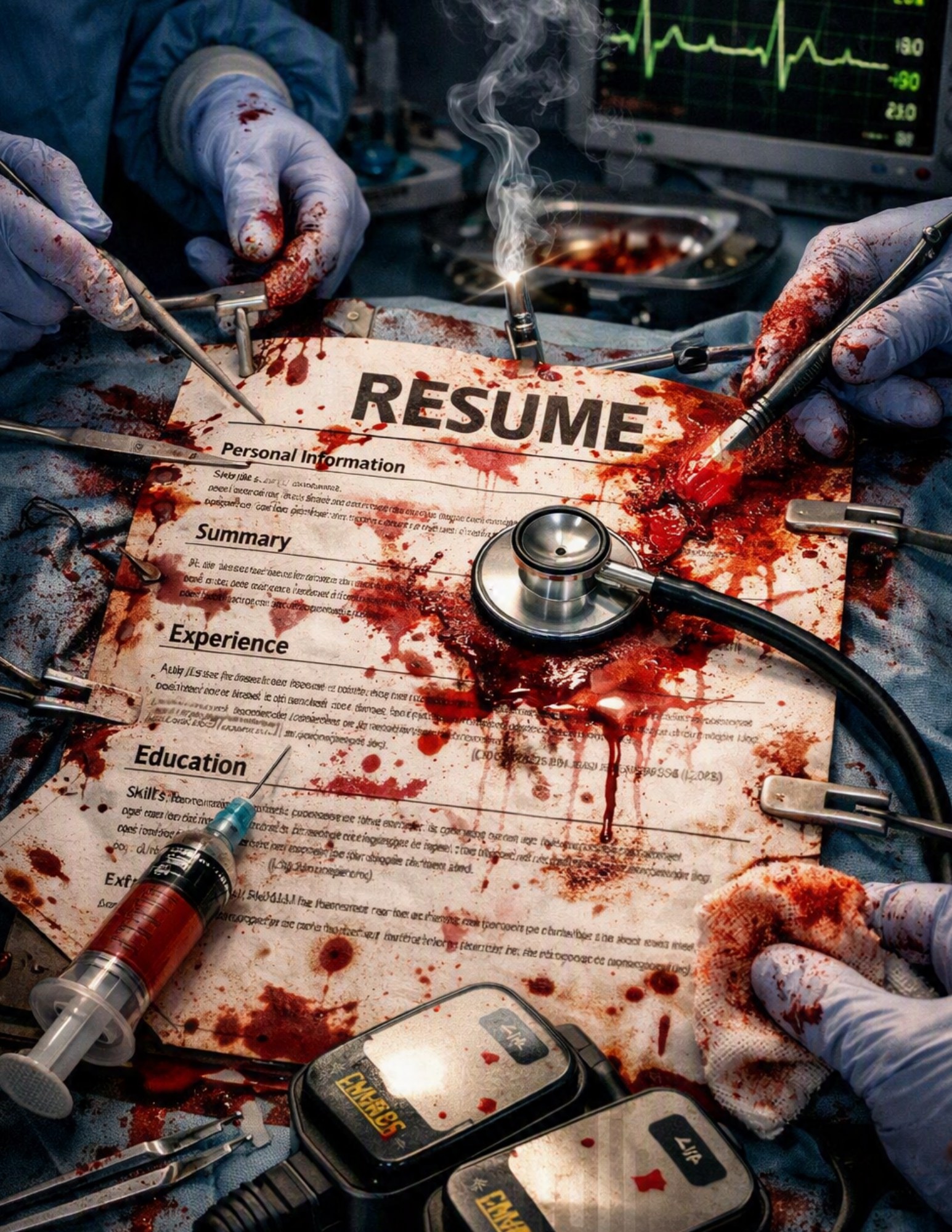 A résumé on an operating table under triage instruments