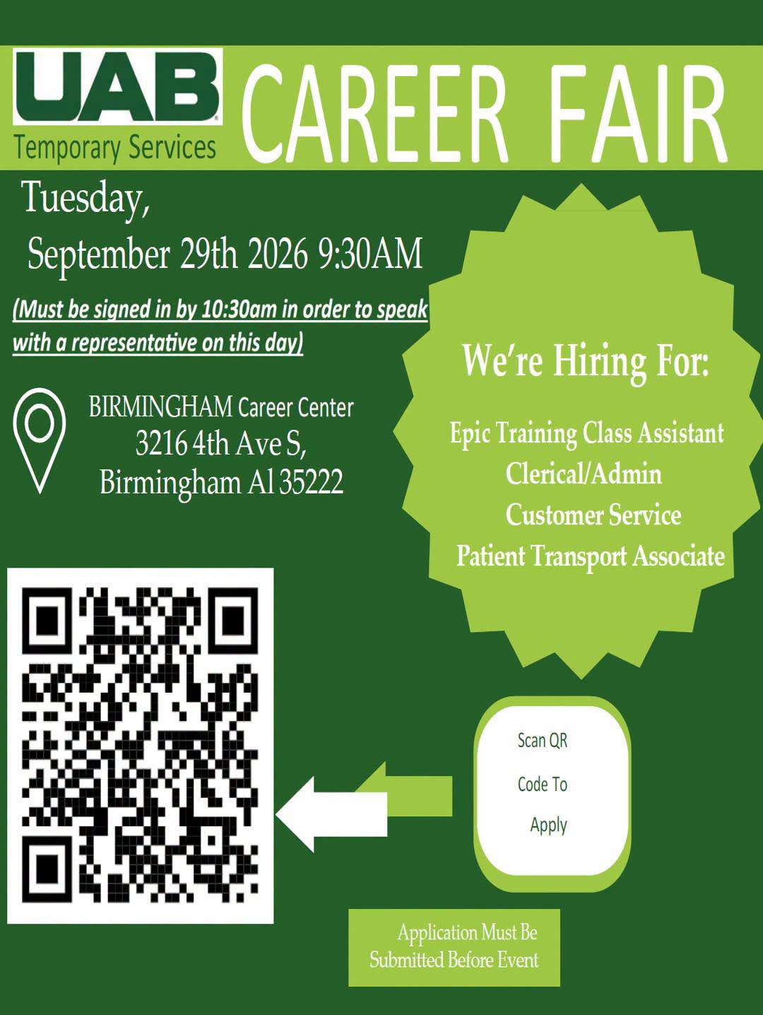 UAB Temporary Services Career Fair flyer for September 29, 2026 at the Birmingham Career Center