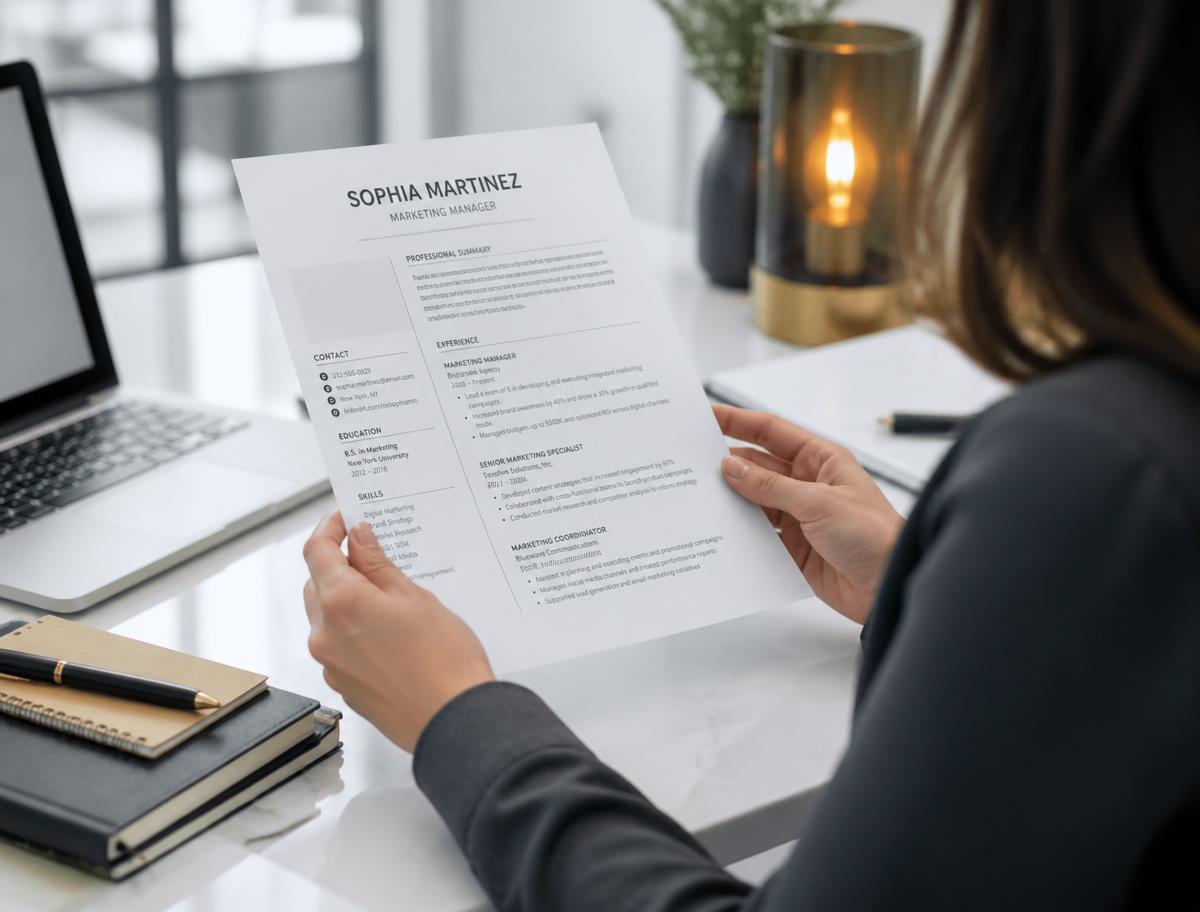 A career specialist reviewing a résumé under focused light